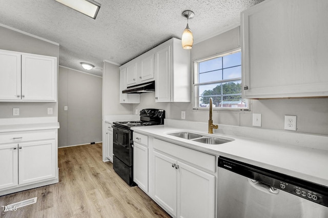 kitchen with under cabinet range hood, electric range, a sink, white cabinets, and dishwasher