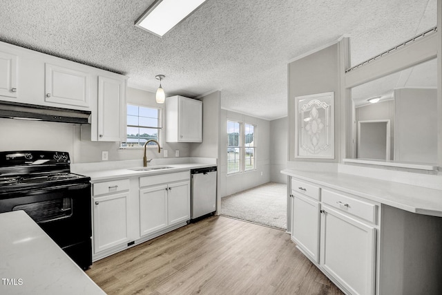 kitchen with dishwasher, black range with electric stovetop, light countertops, under cabinet range hood, and a sink