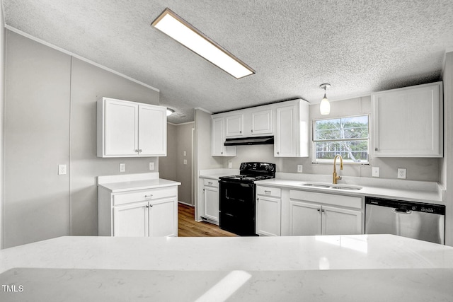 kitchen with dishwasher, black electric range, under cabinet range hood, white cabinetry, and a sink