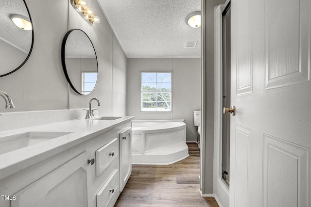 bathroom featuring a bath, a textured ceiling, a sink, and wood finished floors