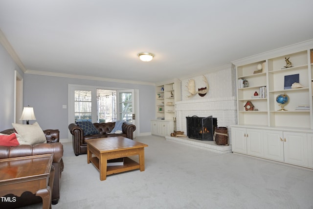 living room featuring light colored carpet, a fireplace, and crown molding