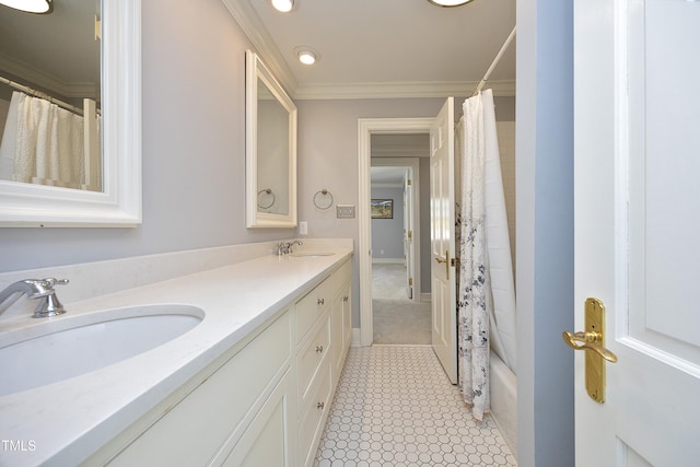 full bath with crown molding, double vanity, shower / bath combo, and a sink