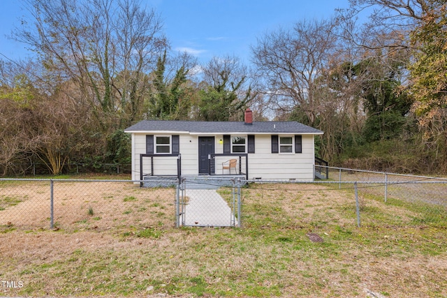 ranch-style home with a gate, a fenced front yard, a front yard, crawl space, and a chimney