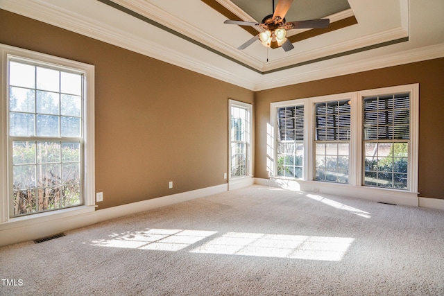 carpeted empty room with plenty of natural light, visible vents, a tray ceiling, and ornamental molding