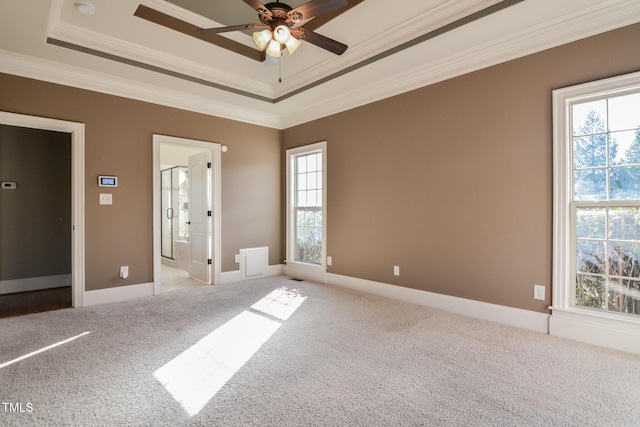 unfurnished bedroom featuring light colored carpet, a tray ceiling, multiple windows, and ornamental molding