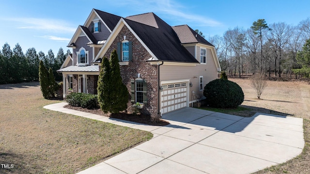 traditional-style house with brick siding, a standing seam roof, metal roof, driveway, and a front lawn