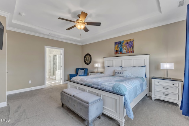 bedroom featuring light carpet, visible vents, crown molding, and baseboards