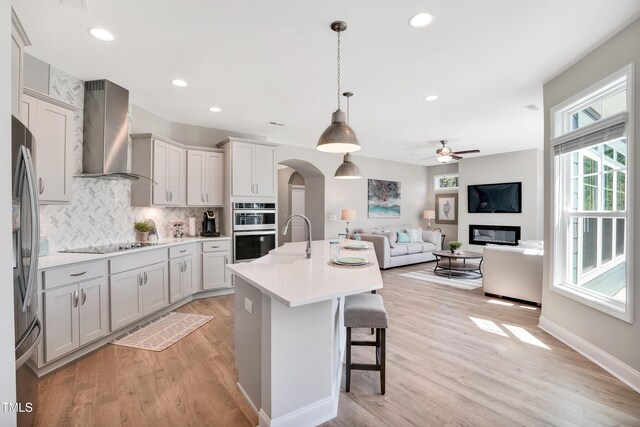 142 Oban Dr, Home, Sanford, NC 27330 - kitchen featuring arched walkways, stainless steel appliances, backsplash, a sink, and wall chimney exhaust hood