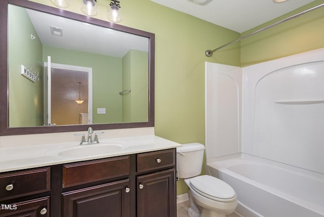 full bath with toilet, visible vents,  shower combination, and vanity