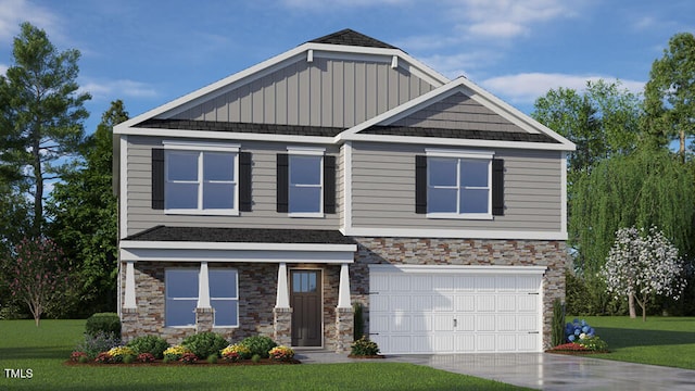 craftsman house with an attached garage, driveway, a front lawn, and board and batten siding