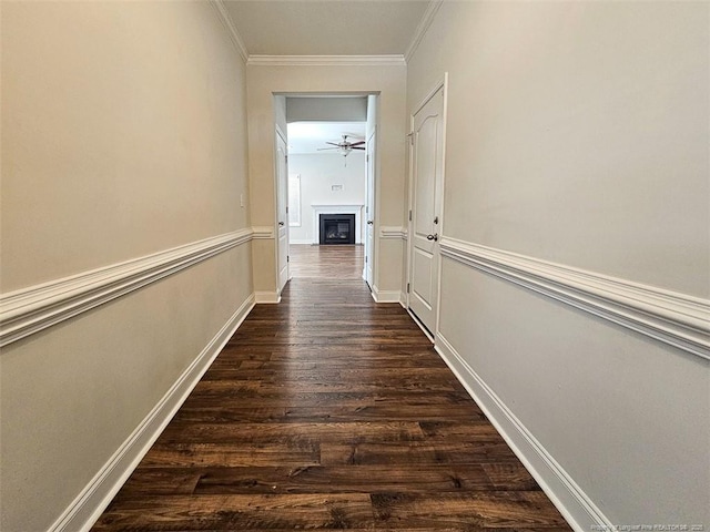 corridor with baseboards, dark wood-style flooring, and crown molding