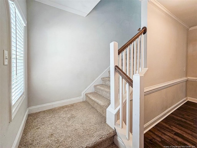 stairway featuring crown molding, baseboards, and wood finished floors