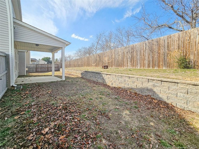 view of yard featuring a patio area and a fenced backyard