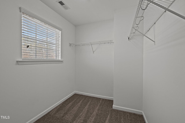 spacious closet with dark colored carpet and visible vents