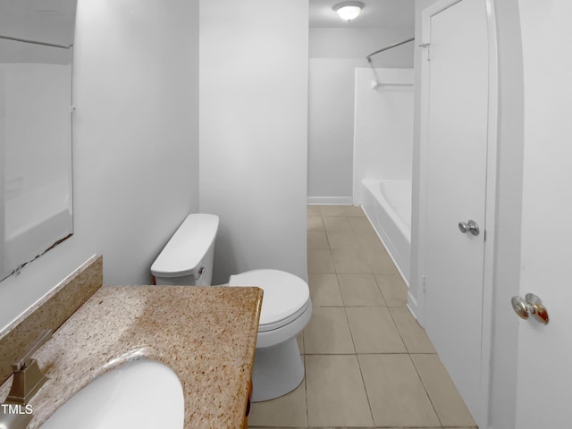 full bath featuring tile patterned flooring, tub / shower combination, vanity, and toilet