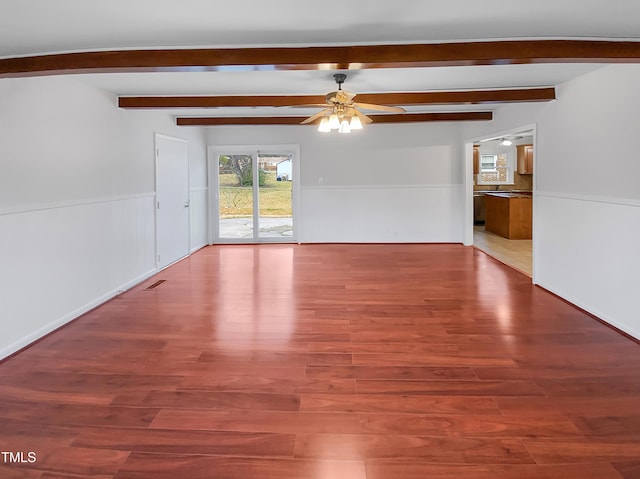 spare room with visible vents, wainscoting, ceiling fan, beamed ceiling, and wood finished floors