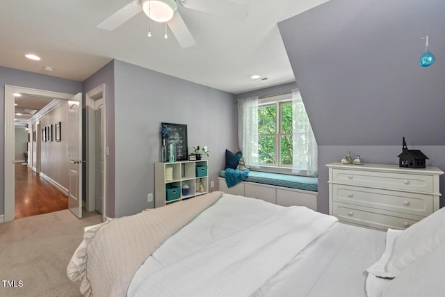 bedroom with carpet flooring, a ceiling fan, and recessed lighting