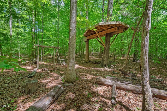 view of yard featuring a forest view