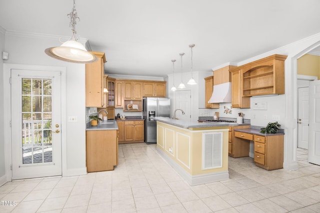 kitchen featuring stainless steel refrigerator with ice dispenser, custom exhaust hood, open shelves, visible vents, and a sink