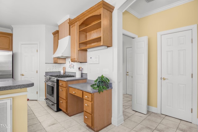 kitchen featuring light tile patterned floors, custom range hood, stainless steel appliances, and crown molding