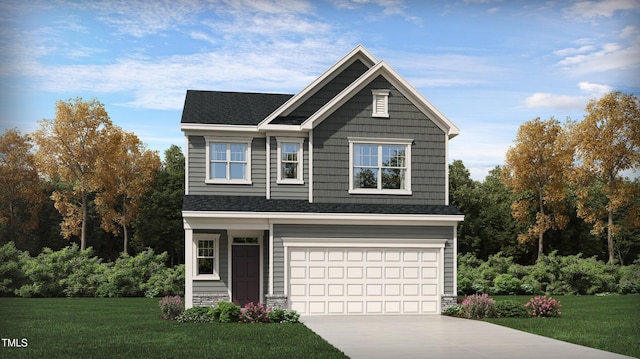 craftsman-style home with a garage, driveway, a front lawn, and stone siding