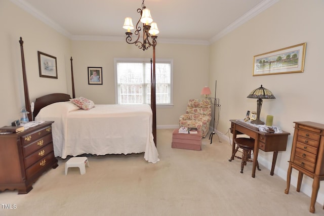 bedroom with light carpet, ornamental molding, a notable chandelier, and baseboards