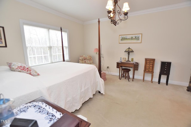 bedroom with light carpet, an inviting chandelier, baseboards, and ornamental molding