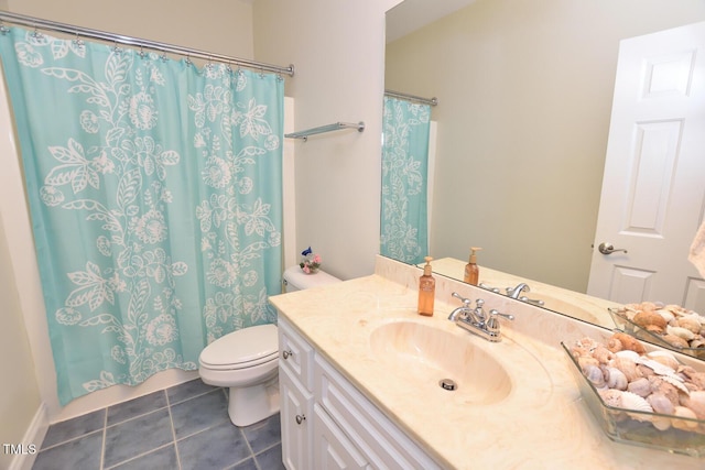 full bathroom with toilet, tile patterned flooring, vanity, and a shower with curtain