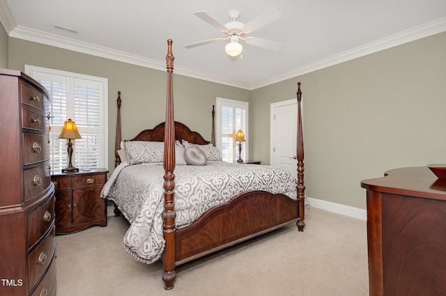 bedroom featuring light carpet, baseboards, visible vents, and crown molding