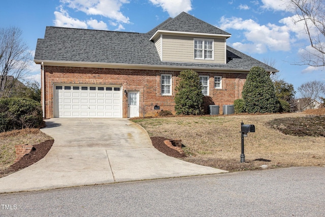 view of front of property featuring an attached garage, concrete driveway, brick siding, and a shingled roof