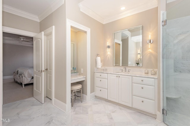 bathroom with marble finish floor, ornamental molding, and connected bathroom