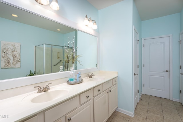 bathroom featuring tile patterned flooring, a sink, a shower stall, and double vanity