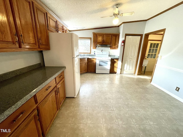 kitchen with white appliances, under cabinet range hood, brown cabinets, and crown molding