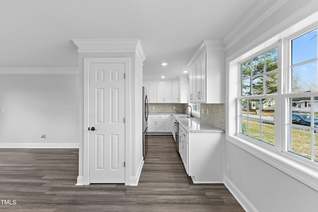 interior space with dark wood-style floors, crown molding, baseboards, and a sink