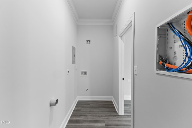 washroom with crown molding, baseboards, laundry area, hookup for a washing machine, and wood finished floors