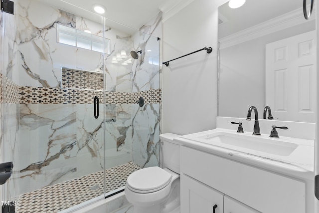 full bathroom with a marble finish shower, vanity, toilet, and crown molding