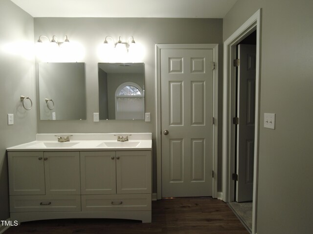 bathroom with double vanity, wood finished floors, and a sink