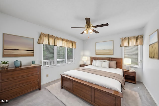 bedroom with baseboards, light carpet, and ceiling fan