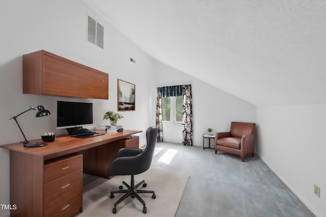 office area with lofted ceiling, baseboards, visible vents, and light carpet