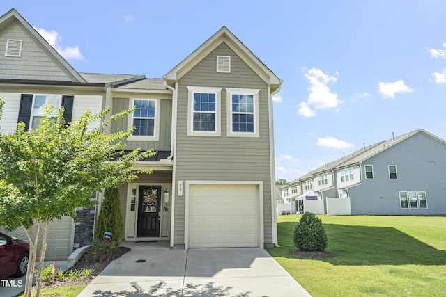 multi unit property with a garage, driveway, a front lawn, and board and batten siding