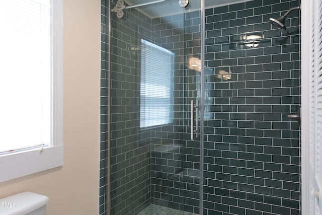 full bathroom with a shower stall and toilet