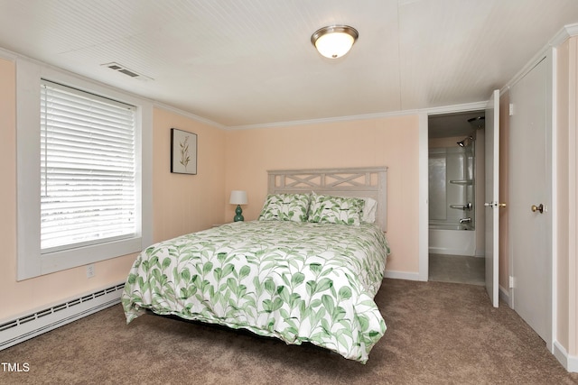 carpeted bedroom with a baseboard heating unit, visible vents, and crown molding