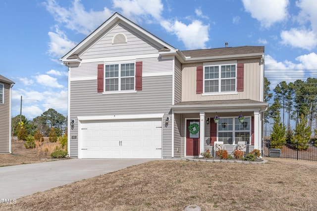 traditional-style home with a porch, an attached garage, fence, driveway, and board and batten siding