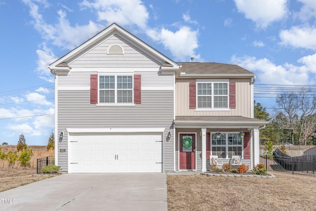 traditional-style house with an attached garage, fence, board and batten siding, and concrete driveway