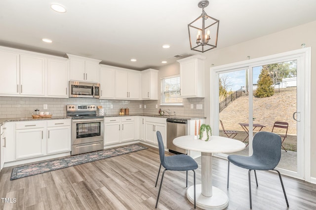 kitchen featuring a sink, white cabinets, appliances with stainless steel finishes, backsplash, and light wood finished floors