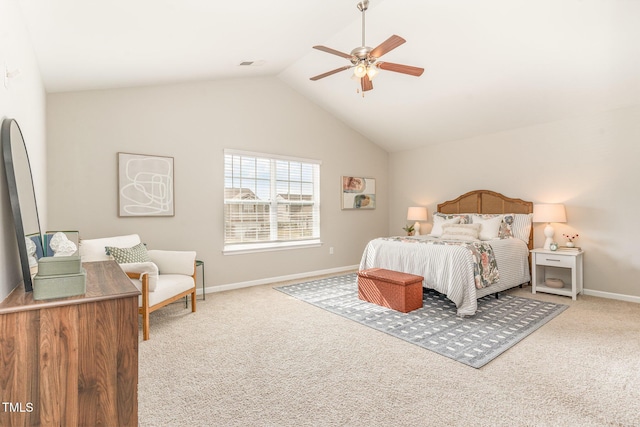 carpeted bedroom with vaulted ceiling, ceiling fan, visible vents, and baseboards