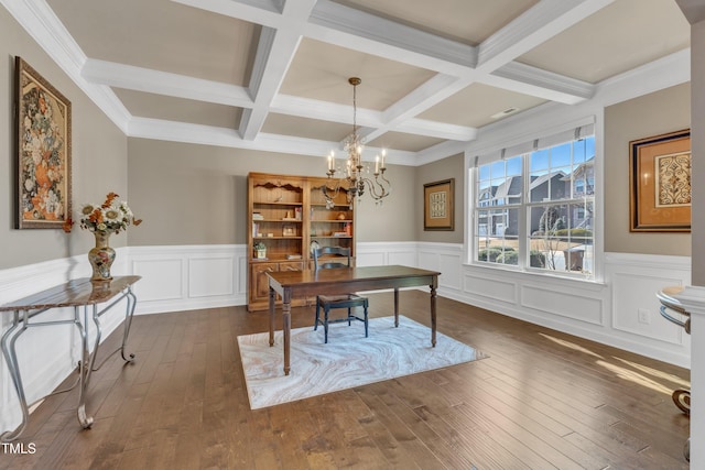 office space featuring beam ceiling, coffered ceiling, dark wood finished floors, and an inviting chandelier