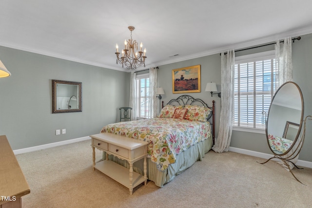 carpeted bedroom with multiple windows, crown molding, and baseboards