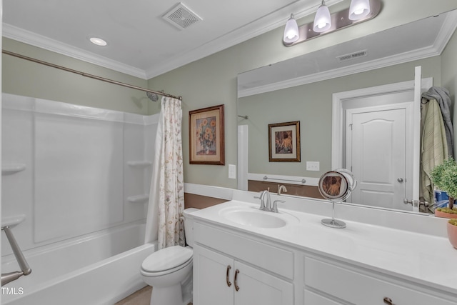 bathroom featuring vanity, visible vents, and crown molding