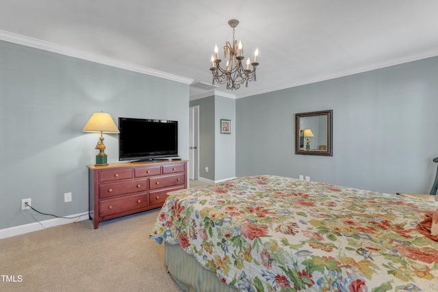 bedroom featuring light carpet, baseboards, ornamental molding, and a chandelier